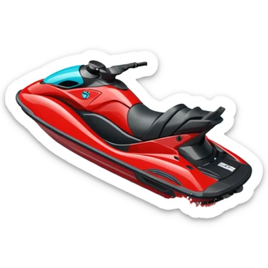 jet ski (red black and white all in the same amount. maybe a red a bit more dominant) on the sea. show the sea under the jet ski - blue with turquoise. no sky - white background instead. DO NOT REMOVE THE SEA AND THE WHITE WHEN FINALIZING!  NO ONE ON THE JET SKI  sticker