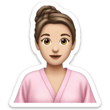Brunette hair pale skinned but not so pale a little tan girl with a facemask and a cute pink robe and a cute skincare headband  sticker
