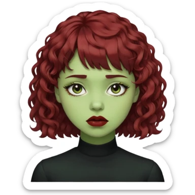 quero que você cria uma mulher, o rosto dela. nela, ela tem cabelo curto e ondulado, tem franja e ela tem semblante triste(cabelo cor meio preto avermelhado) deixe mais cacheado, faça ela bem alternativa (estilo) deixe ela com cor de pele verde sticker