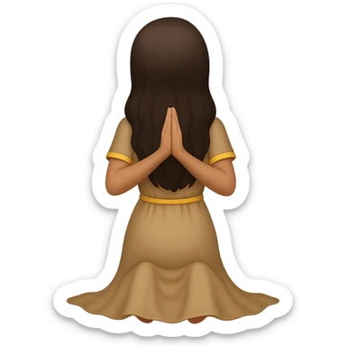 Show the woman kneeling and praying from the back view, wearing a long tan dress, with dark brown hair, in emoji style, no background. sticker