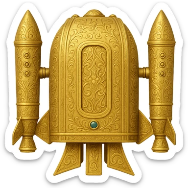 Create a gold ancient wide jetpack with rocket projectiles on both sides, back view, no fire, with engraved patterns in the style of apple emojis. Make it a variant with a different central panel and unique side rocket fins. No background. sticker