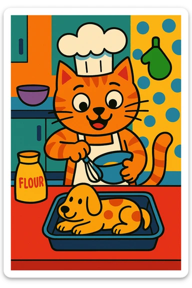 cartoon cat in a chef hat baking a dog-shaped cake, colorful and playful sticker