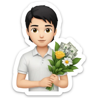 generate a pretty fair bratz boy with a messy mullet (black hair), wearing a white polo.  carrying a bouquet made of money. Fancy card behinf him sticker