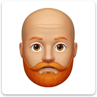 Memoji-style character, shiny bald head, orange eyebrows, thick orange beard, Apple Memoji style sticker