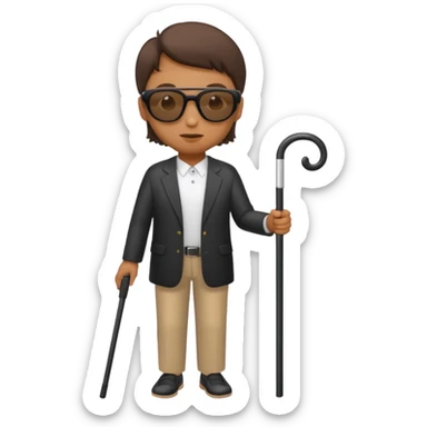 A blind person wearing sunglasses and holding a guide cane sticker