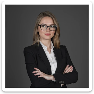 young woman in a tailored suit, arms crossed, looking professional, minimal background sticker