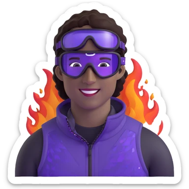 close-up of cool guy male athlete with white skin and moderately curly dark brown hair on top with shaved sides, wearing ski goggles with purple frames and very dark black lenses, winking behind the goggles, with an open mouth confident smile like a cool guy, a simple plain black chain necklace, and a completely unzipped sleeveless vest with purple and black sequin fire pattern design with no logo sticker