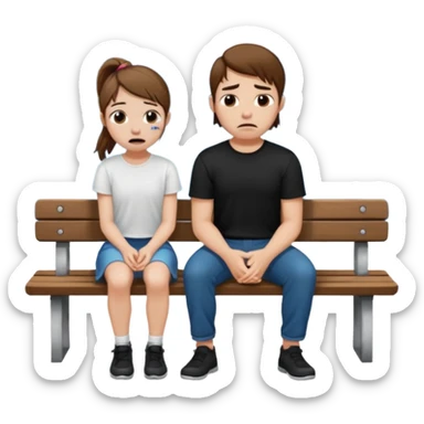 pale girl  with brown ponytail and ugly face  with boy  with brown hair black short and a white shirt sitting sobbing by himself on a bench with a lake in the back  sticker