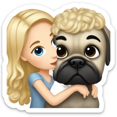 Girl with wavy blonde hair a d blue eyes, kissing a black pug sticker