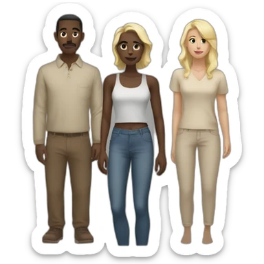 six dark-skinned men stand in a row behind a pale blonde woman sticker