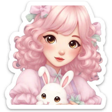 Gorgeous pastel anime style lady with blushing face and holding a bunny cottagecore fairycore pastelcore colorful pearly romantic simplistic aesthetic trending style sticker