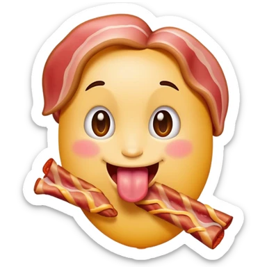 tongue out emoji holding a bacon strip, playful pose sticker
