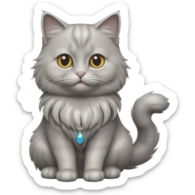 A 3D cartoon silver-gray British Longhair cat with flowing fur and soft reflections, calm sitting pose, Memoji-style rendering. full body or half body. sticker