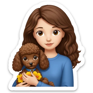dziewczyna, długie brązowe włosy z małym brązowym pudlem na ręce sticker