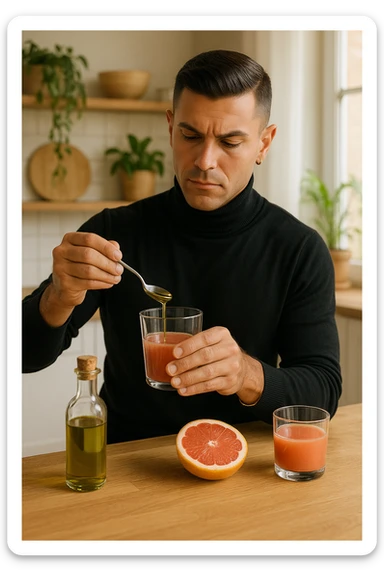 A realistic, warm-toned photo-style image of a man in his kitchen preparing a liver and gallbladder flush. On the counter, there is a small glass bottle of high-quality extra virgin olive oil with a rich green hue, and a freshly cut pink grapefruit with a small glass of its juice next to it. The man, in his mid-30s, looks focused and slightly apprehensive as he mixes the olive oil and grapefruit juice in a clear glass, preparing to drink it as part of a natural gallbladder cleanse. The background is clean, bright, and minimalist with wooden countertops, green plants, and sunlight coming through the window, giving a sense of natural health practices. The mood conveys a realistic moment of alternative health care, illustrating the preparation and intention for a natural flush to address gallstones, while maintaining a calm, educational, and hopeful tone in italiano sticker