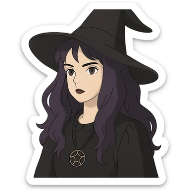gothic woman with purple hair, witchy touch, in ghibli style sticker