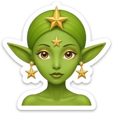 green alien woman with golden star earrings sticker