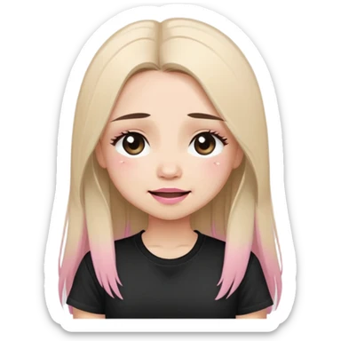 Crying Slavic girl, light skin, long eye lashes, pink beige lips, brown eyes, long black-to-blonde ombre straight hair, black T-shirt, chibi, smiling. sticker