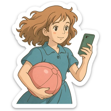 ghibli style white girl with wavy hair holding her phone and a pink beach ball sticker