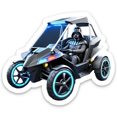 Mad max survival apocalypse ghostly sporty futuristic electric Darth Vader’s Batman-armored 1876 black graphite colored enclosed twin seat town buggy with horizontal holographic 3d stars painted on the body sides and neon under glow  sticker