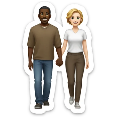 A black Somali man with short hair and a white woman with  brown hair holding hands and walking side by side, smiling and enjoying their time together sticker
