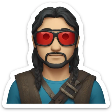 a kazakh man with longer hair in a black bandana, red blue light blocking glasses, a minor beard and a visible sword carried on his back sticker