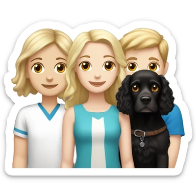 brown hair, white girl and Blond hair, white boy holding a black cocker spaniel sticker