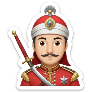 Ottoman janissary in red army dress holding a sword had a white cap sticker