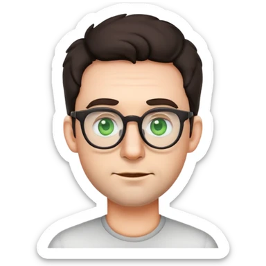 simple male emoji with poofier slightly curly dark hair, big ears, pale skin, glasses, green eyes, light stubble sticker