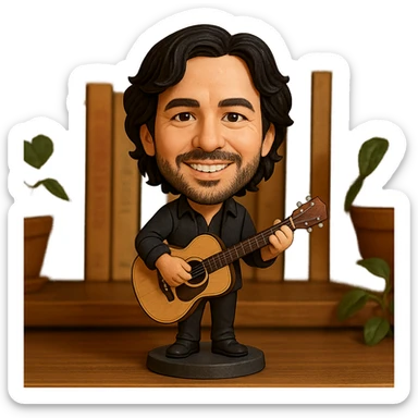 illustration of a musician playing guitar in bobblehead style sticker