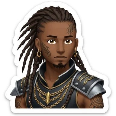 A dark-skinned figure with hollow cheekbones, a sharp jawline, and intense dark brown eyes. His hair is a mess of 7-inch-long dreadlocks, with a fresh hairline and low taper. His body is covered in intricate tattoos, and he wears an armor vest. Gold earrings adorn his ears, and his  sticker