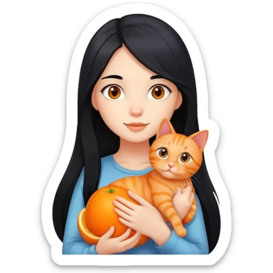 girl with long black hair holding an orange cat sticker