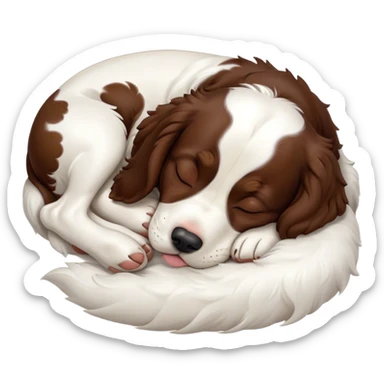Meme-Worthy Cute Sleeping Springer Spaniel Portrait Emoji, Head resting peacefully with a contented smile, showcasing a delightfully agile build and a luxuriously soft liver and white Fur, eyes shut in a serene nap, Simplified yet hilariously adorable features, highly detailed, glowing with a soft, drowsy light, high shine, relaxed and utterly lovable, stylized with an air of playful laziness, bright and heartwarming, soft glowing outline, capturing the essence of a comically sleepy companion, so meme-worthy it feels like it could instantly become the next viral sensation of adorable slumber! sticker
