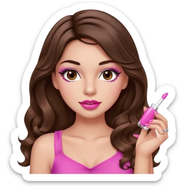 girl with long wavy brown hair, brown eyes, light to medium complexion, in a pink sexy top, pink puckered lips, long lashes, showing a manicure sticker