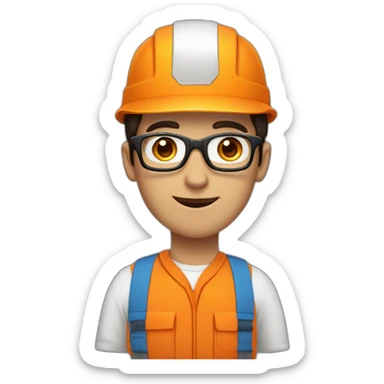 a dark-haired guy with square glasses, in an orange repairman's uniform, blue eyes, sticker