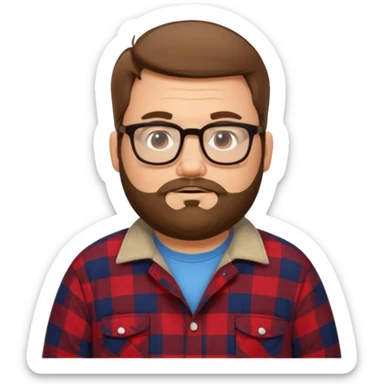 Fat white guy with glasses and short brown hair and beard wearing a cartoon flannel  sticker