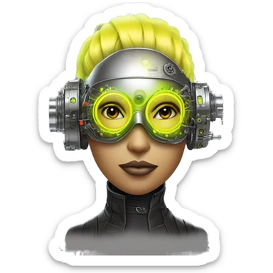 Neon yellow bobbed hair Latina female cyborg head with silver steampunk goggles and circuits sticker