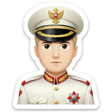 White Army officer from Russian Civil War with white uniform, epaulettes, and traditional military cap sticker