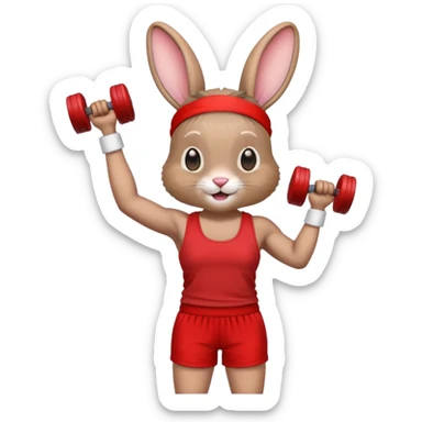 I want an emoji of a rabbit lifting dumbbells, with the dumbbells being red. I want the rabbit to have a red headband, red shorts, and a red tank top. sticker
