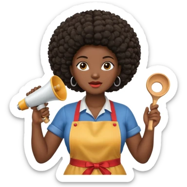 Mujer curvy afro, con vestimenta cómoda y delantal, y un megáfono en la mano sticker