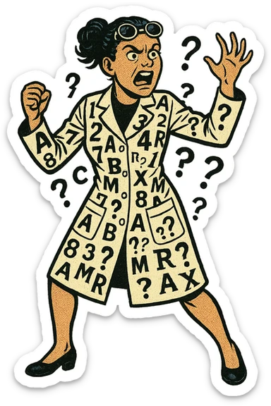 The full body of A mad female scientist with numbers, question marks and letters printed all over their white coat sticker