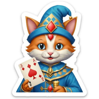 crazy colorful cute little cat jolly joker from poker, medieval, vintage, court jester, mac os icon, blue color, holds poker cards sticker