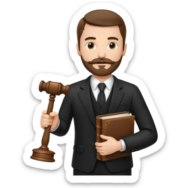 Create a male lawyer. he is wearing a fromal suit jckeret. He is holding a gavel in one hand and a book tucked under his another arm. He has a mustache and BEARD both! sticker