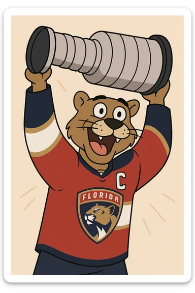 Florida Panthers hockey team mascot celebrating with the Stanley Cup, cartoon style sticker