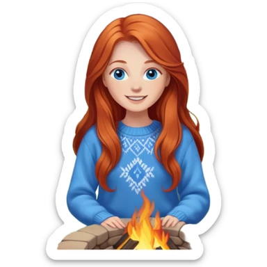Very Happy redhead with long hair and blue eyes beside fire pit in backyard sticker