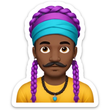 big lose braids starting from the top of the head man with mustache face wiith big visible braids and mono color headband on head  face and braids as big as headband and lots and lots of face tattoos colored tattoos like a tattoo artist hair unique color sticker