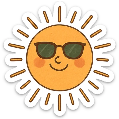 A bright sun with sunglasses and a smile, representing a sunny summer day. sticker