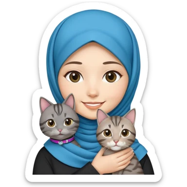 Asian White girl wearing hijab holding a black grey tabby cat while smiling.  The cat is wearing a blue collar sticker