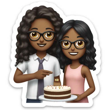 Brown skin girl with long black hair giving a cake to a white skin girl wearing a specs with boy hair sticker