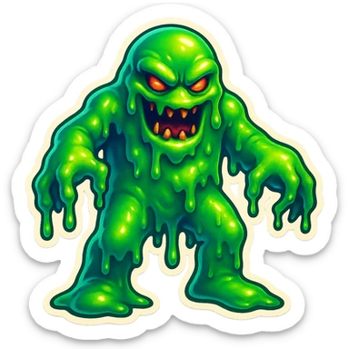Slime monster. green slime. scary sinister. slime attacks. show full body. more dripping slime. talk humanoid slime creature. sinsiter and scary...green slime sticker